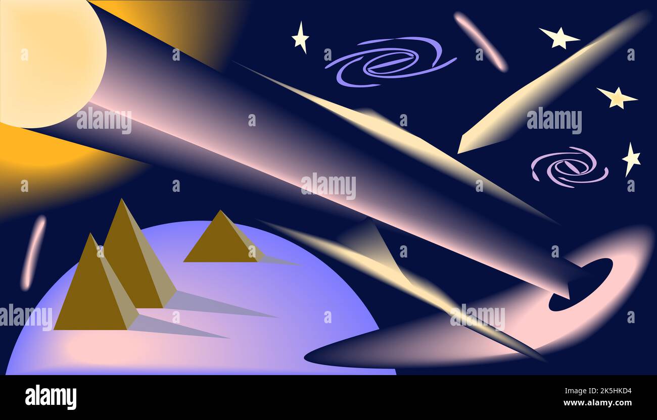 Bunte Postkarte von drei Bildern mit einem Bild der Landschaft des Planeten Stock Vektor