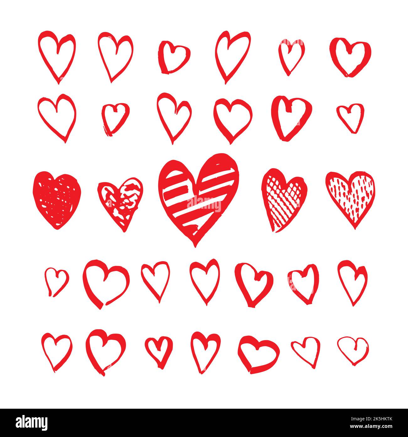 Handgezeichnete Herzsymbole im Doodle-Stil. Skizzenhafte Designelemente für Valentinstag oder Hochzeit. Rote Liebe Symbole isoliert auf weiß. Vektor eps8 Abb. Stock Vektor