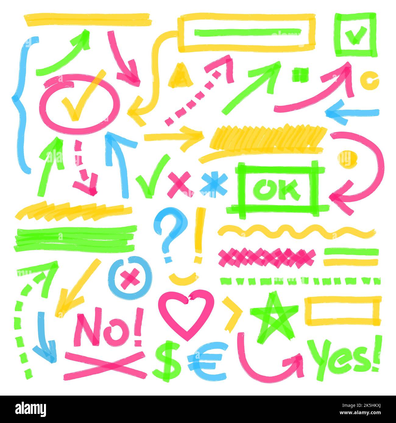 Markere Marken, Striche, Pfeile und andere Symbole. Satz von handgezeichneten Markern zur Korrektur oder Hervorhebung von Designelementen. Optimiert für einfache Farbgebung Stock Vektor