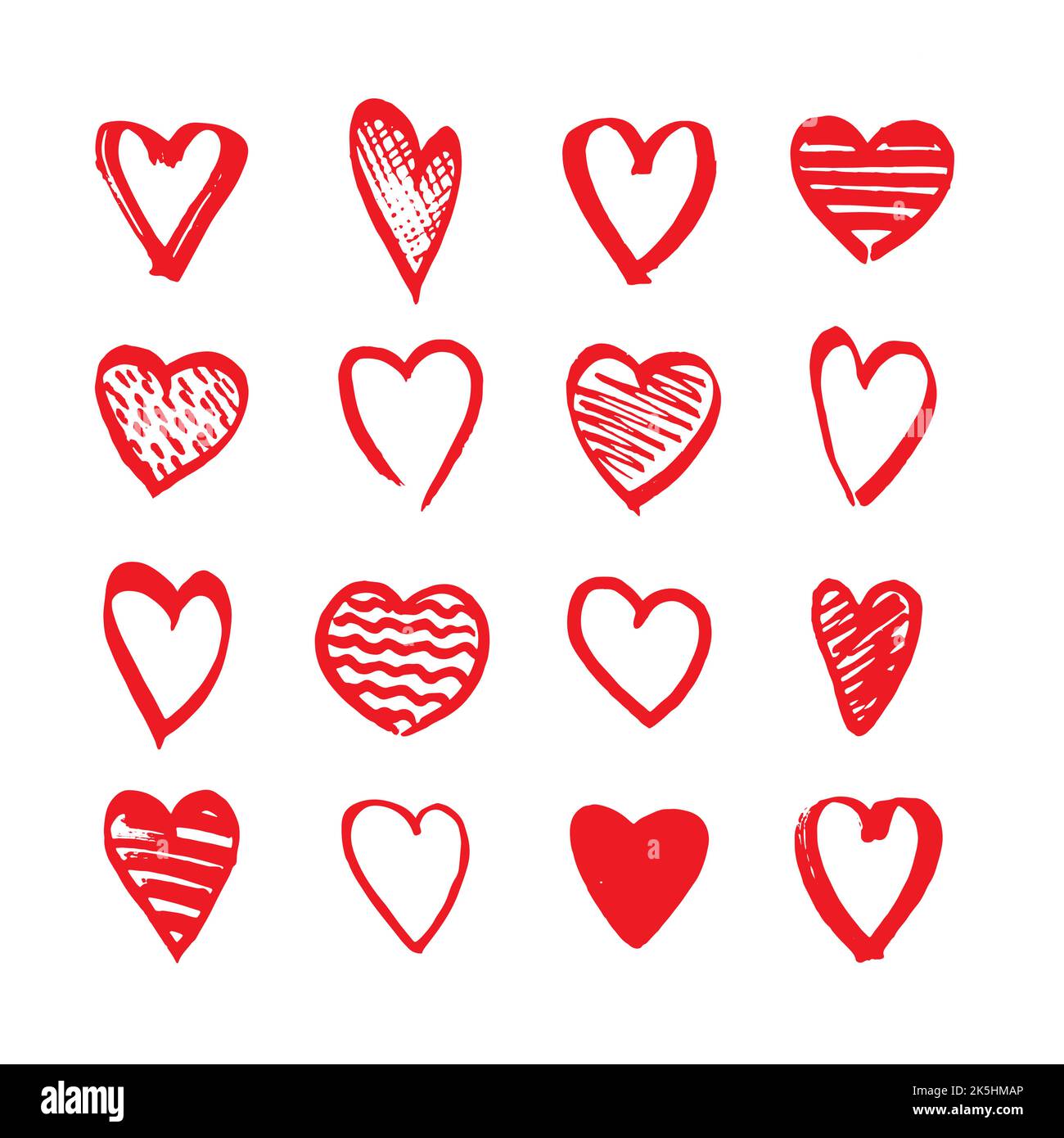 Handgezeichnete Herzsymbole im Doodle-Stil. Skizzenhafte Designelemente für Valentinstag oder Hochzeit. Rote Liebe Symbole isoliert auf weiß. Vektor eps8 Abb. Stock Vektor
