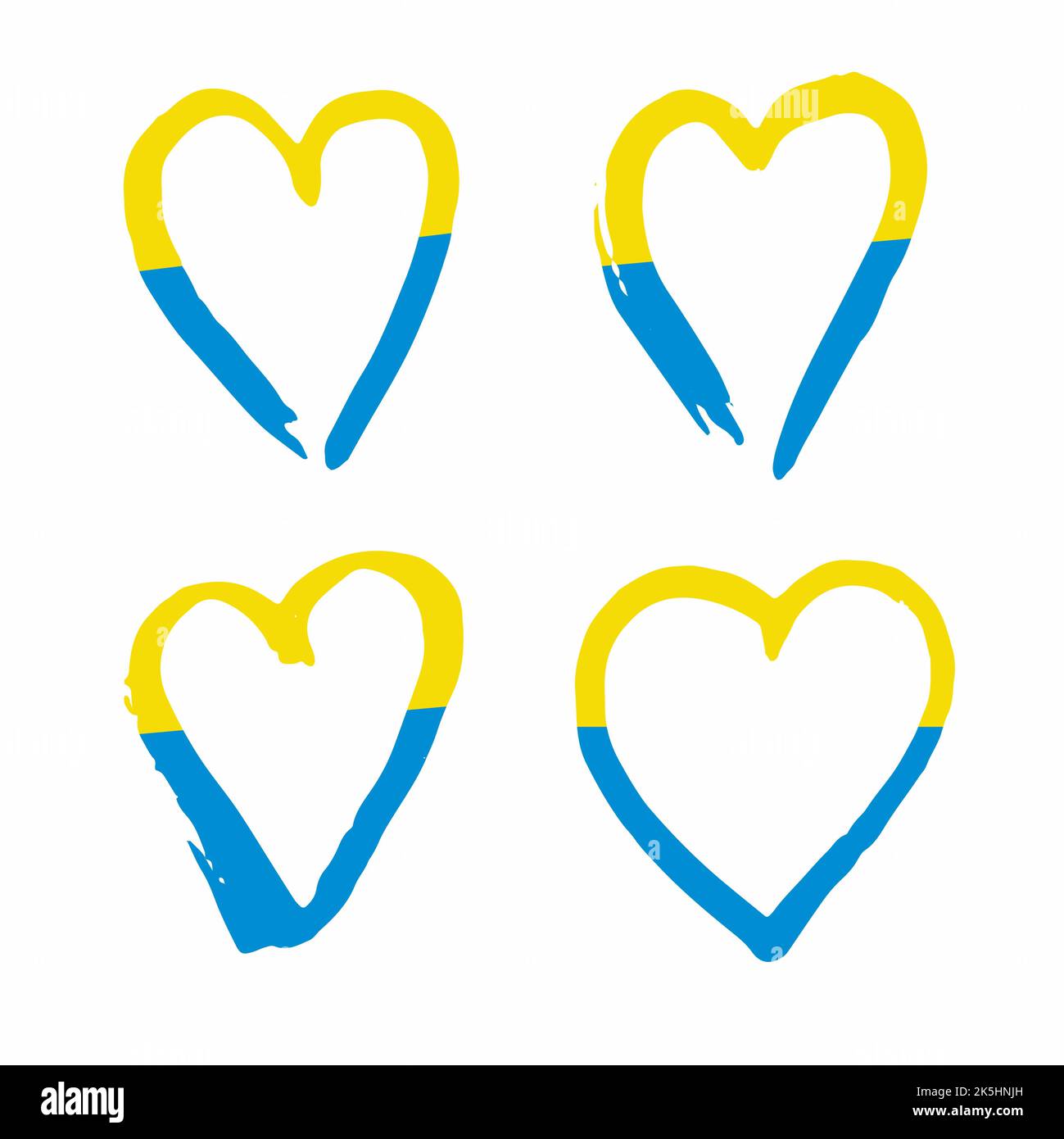 Herz-Symbole in blauen und gelben Farben. Unterstützungskonzept der Ukraine. Stoppt Kriegsprotest. Set von handgezeichneten Herzsymbolen für Ihr patriotisches Design. Vektor Stock Vektor