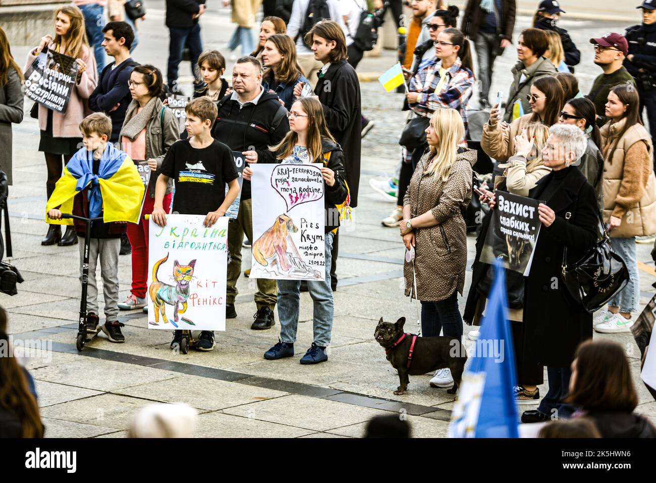 Warschau, Polen, USA. 8. Oktober 2022. Studenten, Einheimische, Immigranten, eingebürgerte iranisch-polnische Bürger in Warschau kamen zusammen, um gegen den Iran und die größeren Unruhen zu protestieren, die durch den Tod von Mahsa Amini, einer 22-jährigen Kurdin, ausgelöst wurden, die nach der Verhaftung durch die Moralpolizei am 13. September in Teheran ins Koma fiel. Sie verletzte angeblich das Gesetz, wonach Frauen ihre Haare mit einem Hijab, traditionell als Kopftuch bekannt, bedecken sollten. Drei Tage später starb sie im Krankenhaus an Verletzungen. (Bild: © Bianca Otero/ZUMA Press Wire) Stockfoto