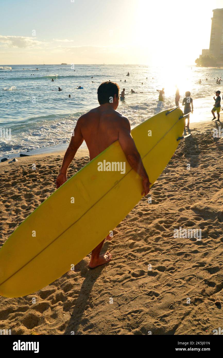 Ein Mann mittleren Alters trägt sein Surfbrett an einem sonnigen Sommerferientag am Waikiki Beach in Hawaii zum Ufer und den Wellen Stockfoto