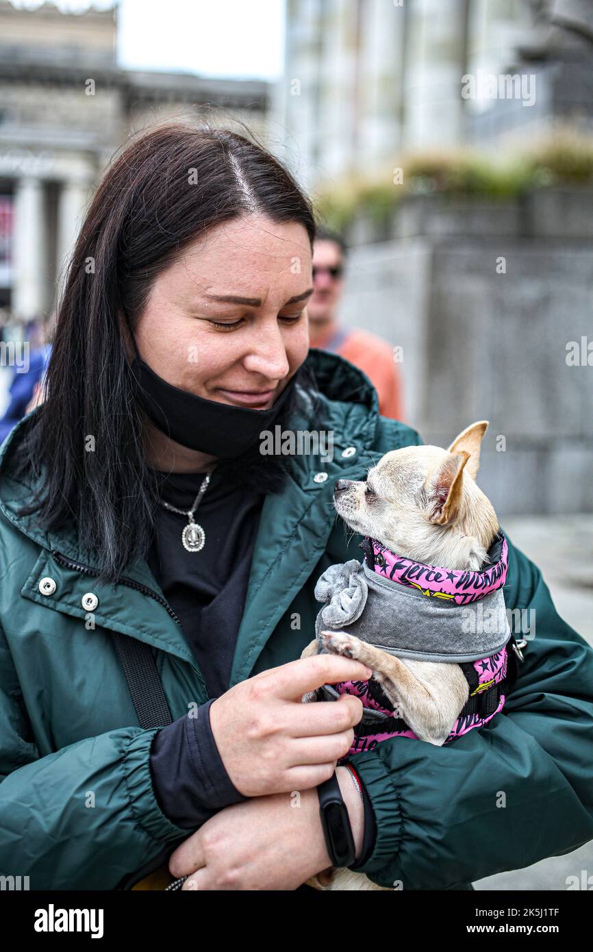 Warschau, Polen, USA. 8. Oktober 2022. Studenten, Einheimische, Immigranten, eingebürgerte iranisch-polnische Bürger in Warschau kamen zusammen, um gegen den Iran und die größeren Unruhen zu protestieren, die durch den Tod von Mahsa Amini, einer 22-jährigen Kurdin, ausgelöst wurden, die nach der Verhaftung durch die Moralpolizei am 13. September in Teheran ins Koma fiel. Sie verletzte angeblich das Gesetz, wonach Frauen ihre Haare mit einem Hijab, traditionell als Kopftuch bekannt, bedecken sollten. Drei Tage später starb sie im Krankenhaus an Verletzungen. (Bild: © Bianca Otero/ZUMA Press Wire) Stockfoto