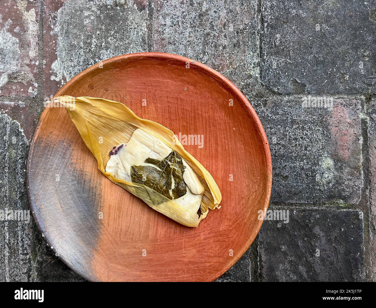 Ein Oaxacan Tamal auf einem Teller mit masa und hierba santa Stockfoto