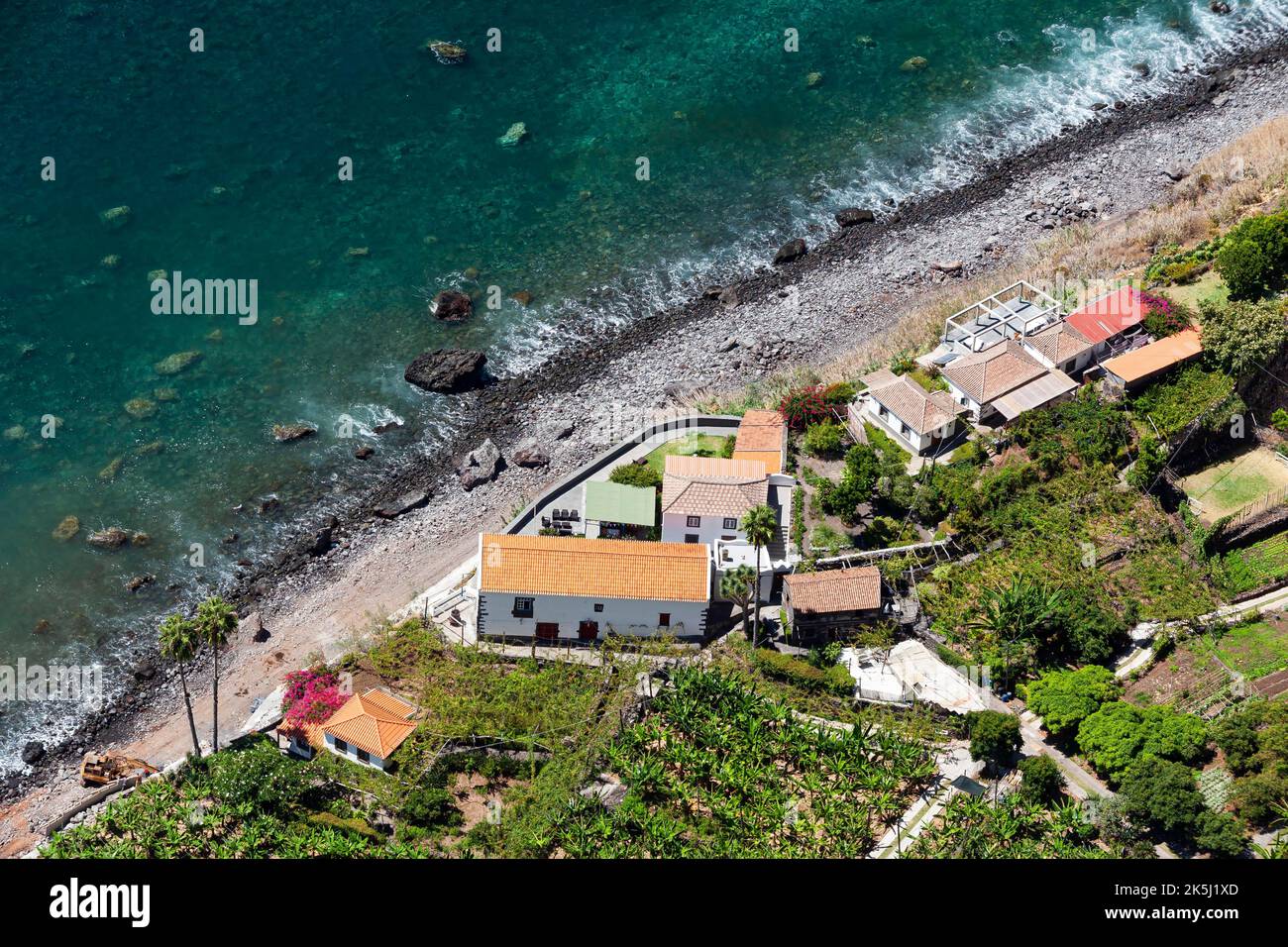 Wein- und Obstbaugebiet von Faja dos Padres, Luftaufnahme, Madeira, Portugal Stockfoto