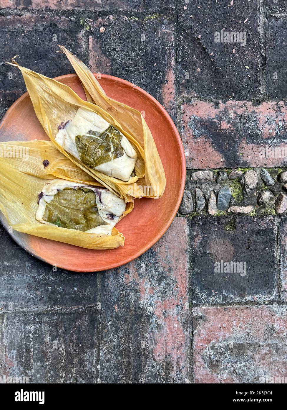 Zwei Oaxacan-Tamales auf einem Tonteller, der mit Hoja santa hergestellt und mit Bohnen gefüllt wurde Stockfoto
