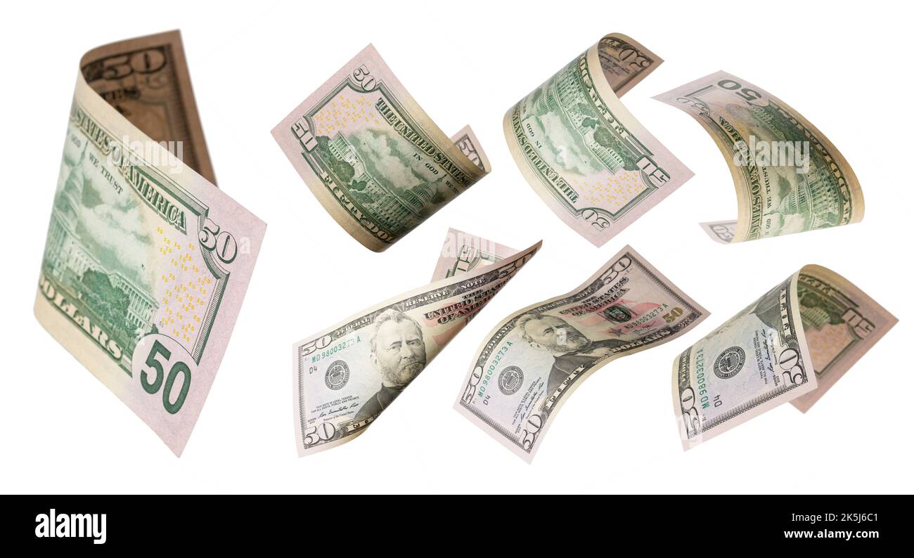 50 Dollar fliegen auf weißem Hintergrund. USA-Banknoten aus verschiedenen Blickwinkeln. Vorderseite Stockfoto
