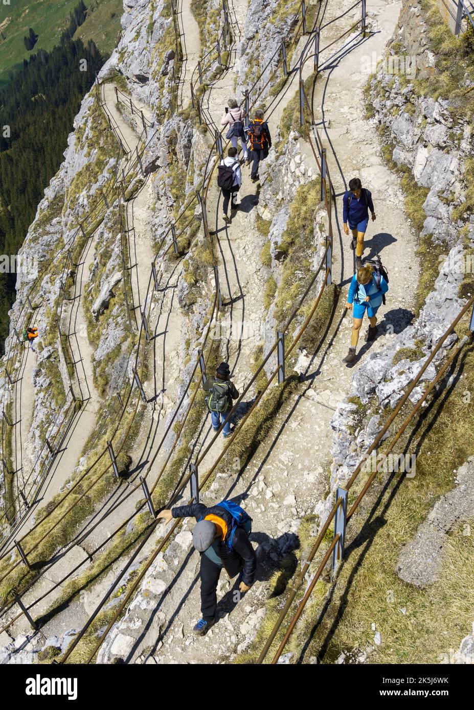 Wanderer auf einem asphaltierten Weg auf dem Wendelstein, Bayrischzell, Mangfallgebirge, Oberbayern, Deutschland Stockfoto