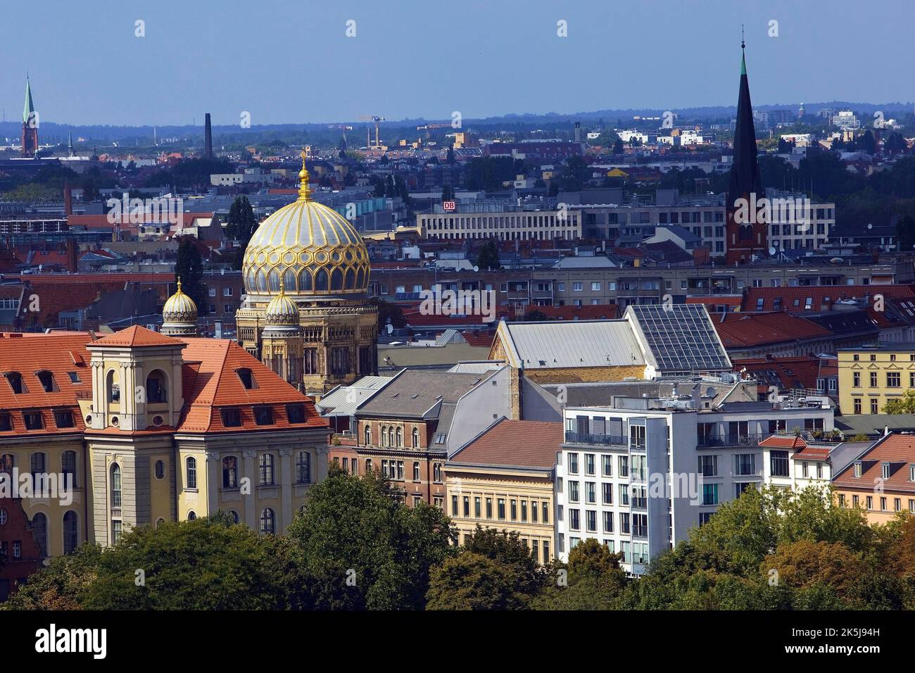 Die Tambour-Kuppel der Neuen Synagoge mit vergoldeten Rippen im Stadtpanorama, Berlin, Deutschland Stockfoto