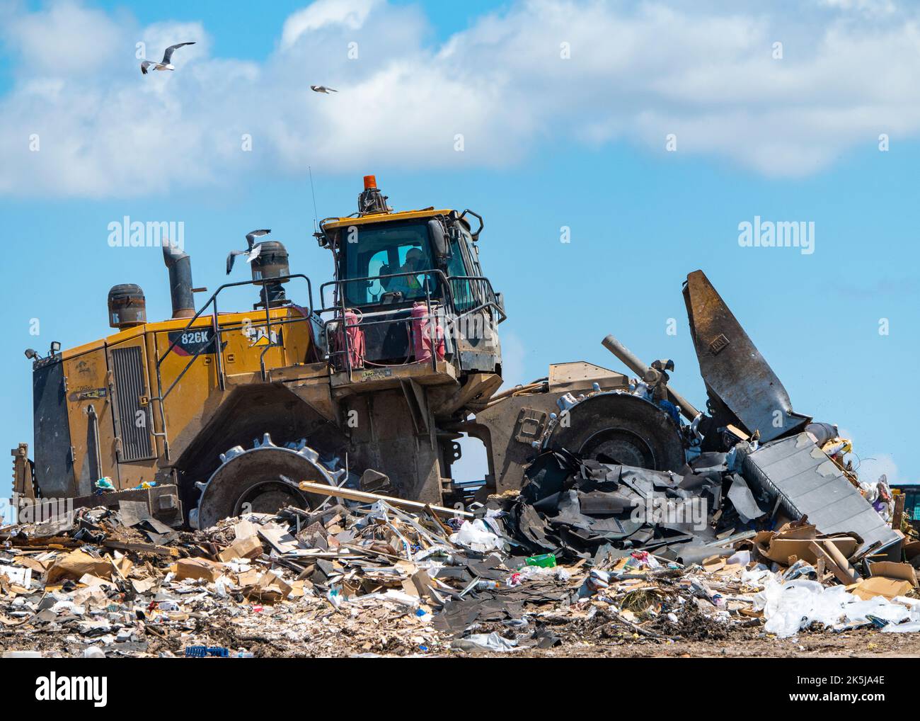 Riesige Planierraupe, die Müllhaufen unter sonnigem Himmel auf die Mülldeponie schiebt. Stockfoto