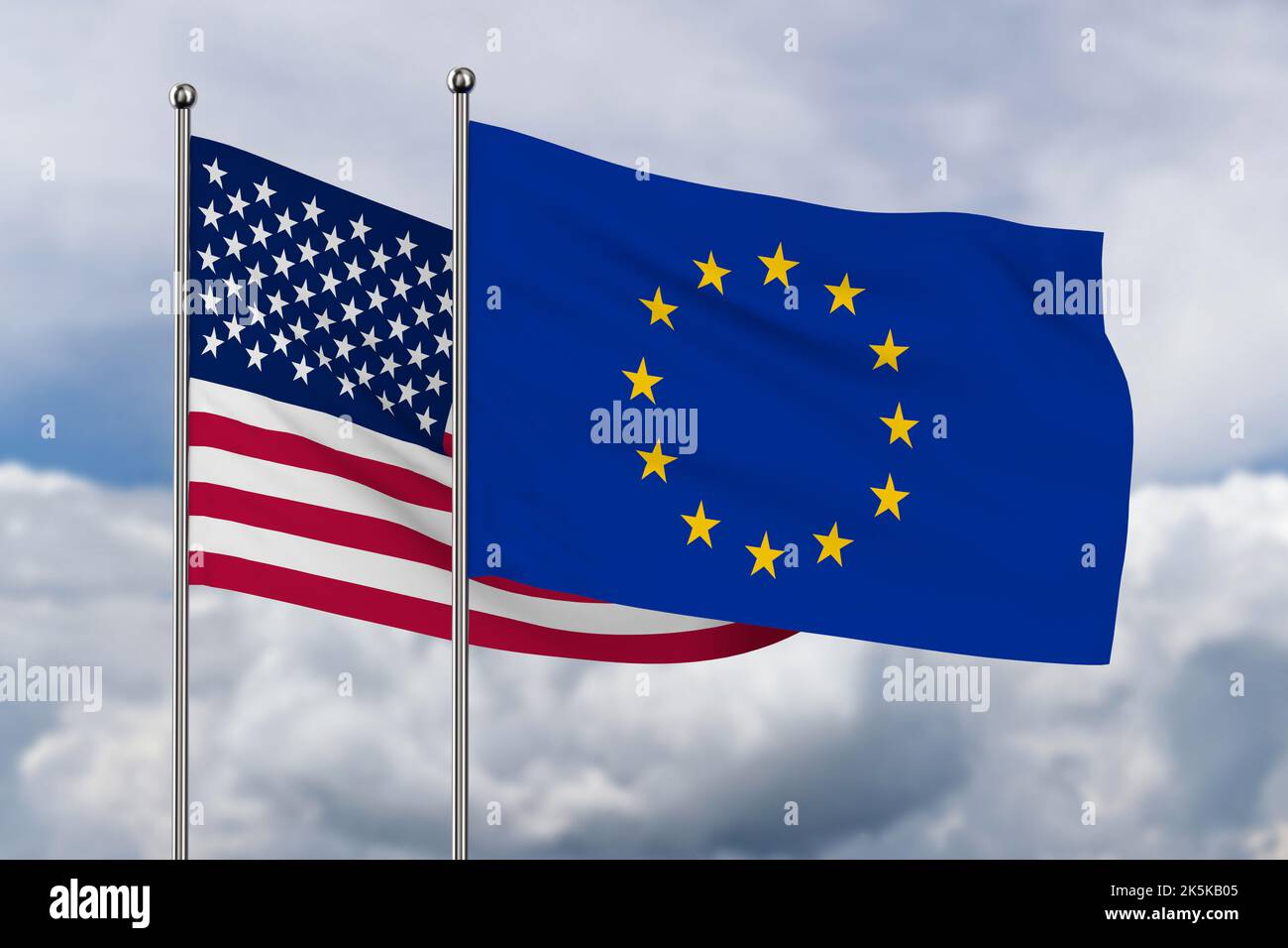 Amerikanische und EG-Flagge auf Himmelshintergrund. 3D Abbildung Stockfoto