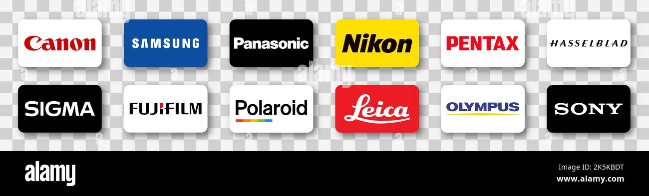 Top-Kamera-Unternehmen Tasten-Logo. Canon, Nikon, Sony, Fujifilm, Olympus, Panasonic, Pentax, Leica, Hasselblad, Sigma, Polaroid, Samsung im Vektor für Stock Vektor