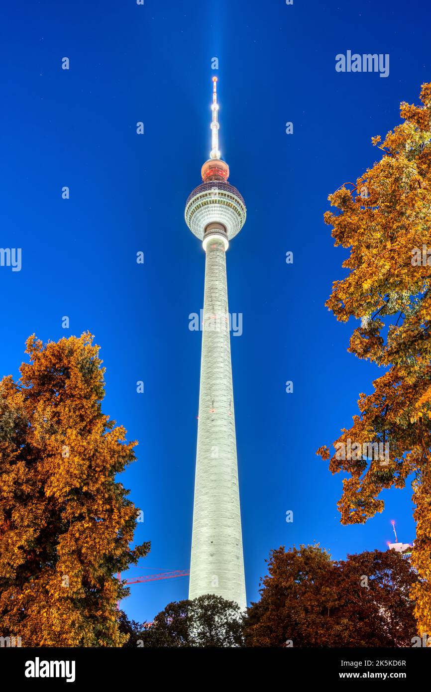Der berühmte Fernsehturm in Berlin zur Blauen Stunde durch einige Bäume gesehen Stockfoto