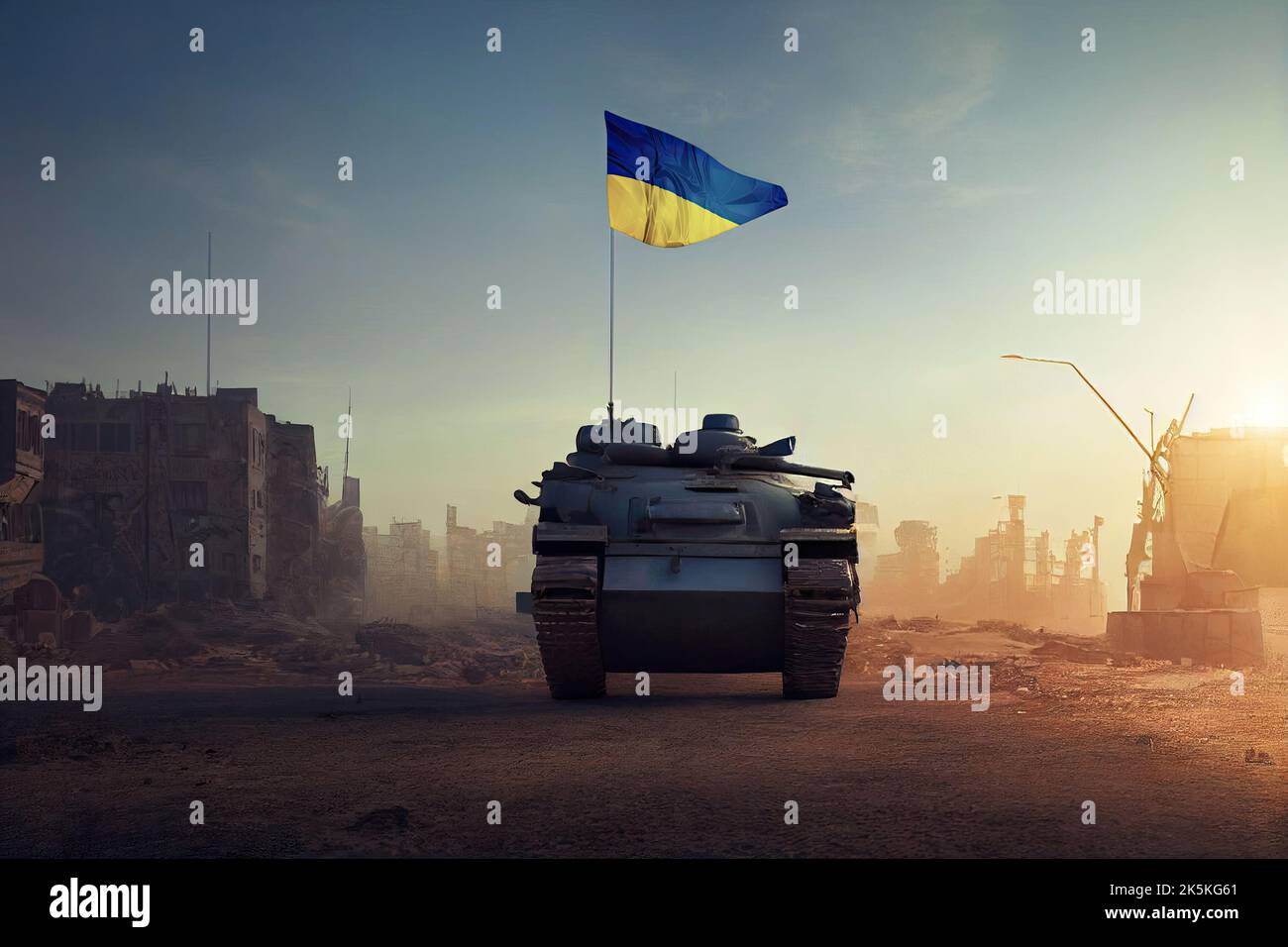 Kriegstank der ukrainischen Armee bei Sonnenaufgang auf dem Schlachtfeld einer Einöde mit ukrainischer Flagge in einer Stadtruine. Konzept der ukrainischen Krieg und Ruhm zu Stockfoto