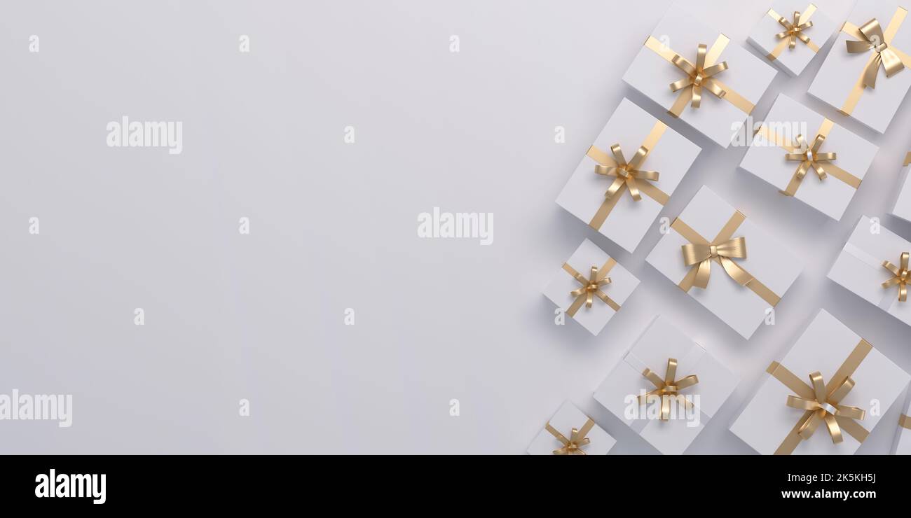 Weiße Geschenke mit goldenem Band auf einem sehr sauberen weißen Hintergrund mit Weltraumtext.Luxus-Konzept. 3D Abbildung. Stockfoto