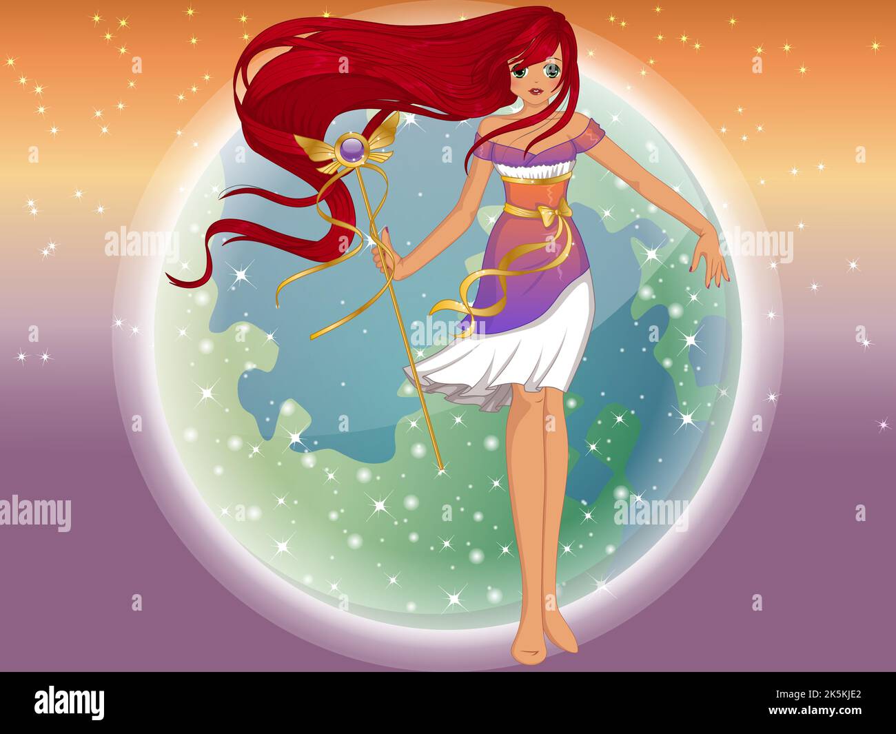 Fantasy Manga Stil Prinzessin mit langen roten Haaren auf einem Hazy Planet Hintergrund. Vektorgrafik Stock Vektor