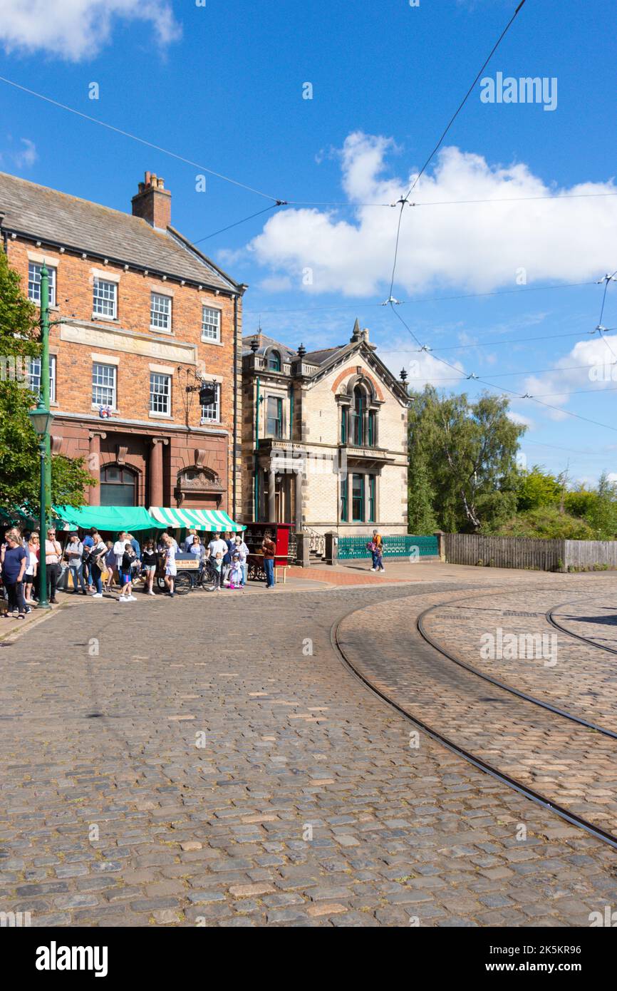 Nostalgische Straßenszene Stadtteil des Beamish Freilichtmuseums Grafschaft durham Stockfoto