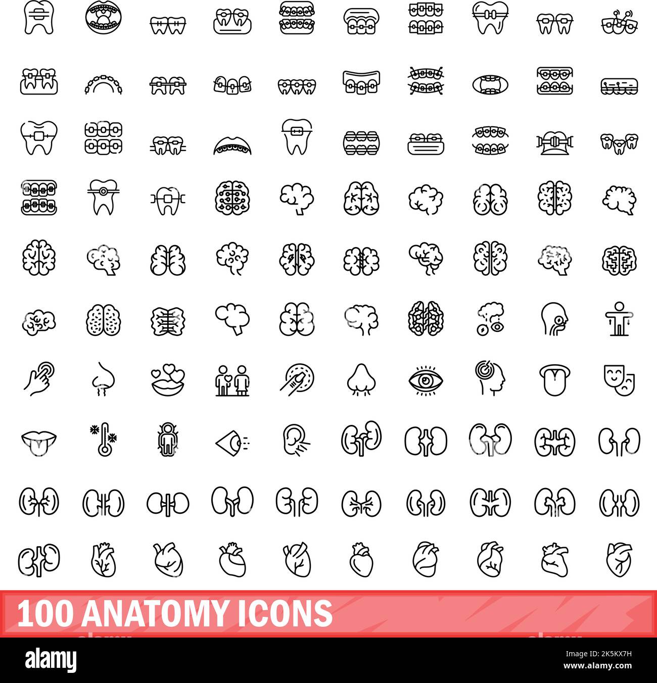 100 anatomische Symbole eingestellt. Umrissende Darstellung von 100 anatomischen Symbolen, Vektorset isoliert auf weißem Hintergrund Stock Vektor