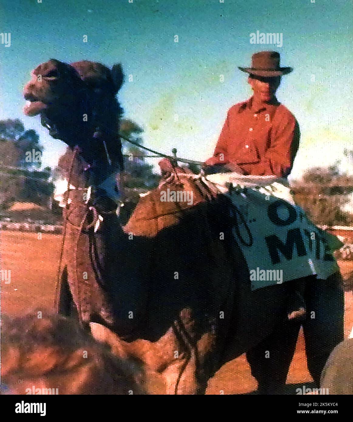 Ein altes Schnappschuss-Foto, das von einem Kamel und seinem Reiter beim Camel Cup in Alice Springs, Australien, aufgenommen wurde Stockfoto
