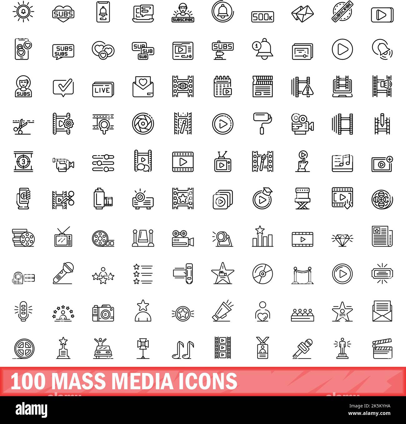 100 Symbole für Massenmedien eingestellt. Skizzieren Sie die Darstellung von 100 Symbolen für Massenmedien, die auf weißem Hintergrund isoliert sind Stock Vektor