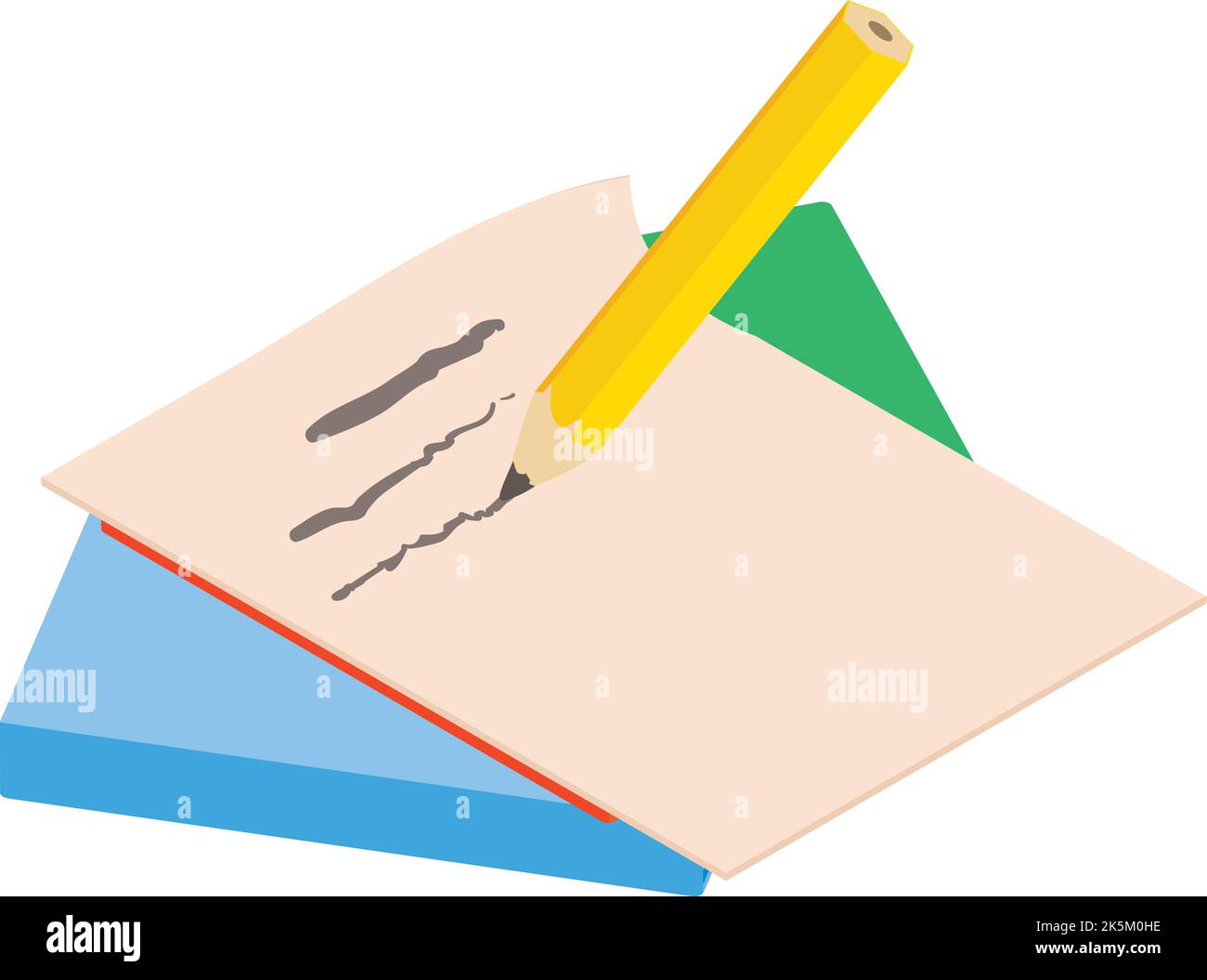 Bleistift schreiben Symbol isometrischer Vektor. Bleistift auf Papier schreiben und Buch stapeln. Offline-Lernkonzept Stock Vektor