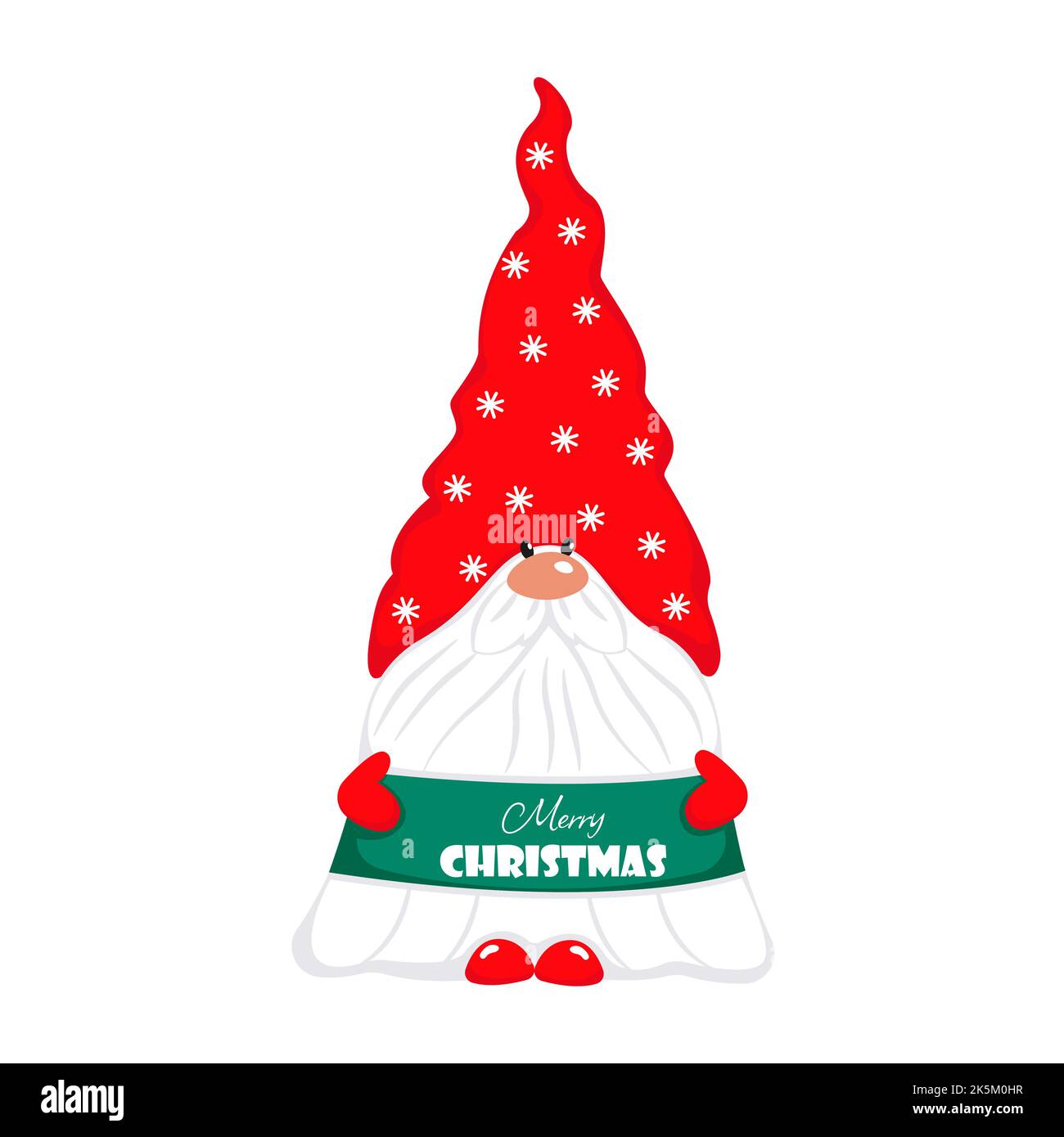 Ein bärtiger Weihnachtsknome mit einem Frohen Weihnachts-Poster in seinen Händen. Vektorzeichen im flachen Stil. Illustration zum neuen Jahr Stock Vektor