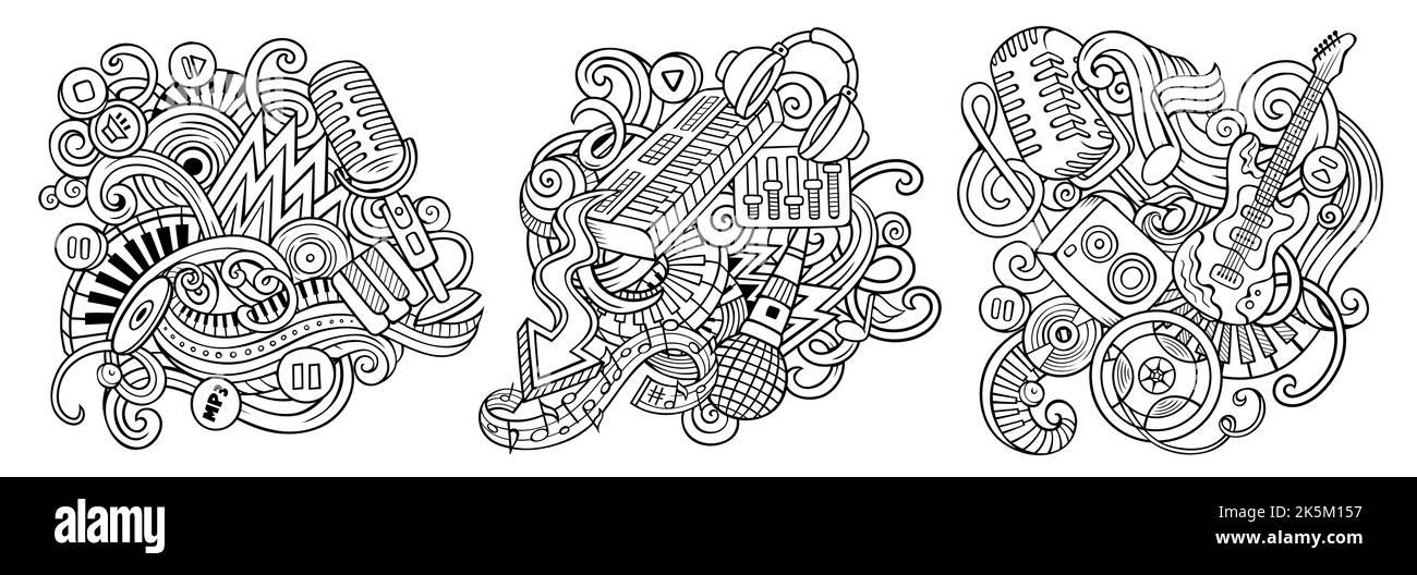 Disco Musik Cartoon Vektor Doodle Designs Set. Stock Vektor