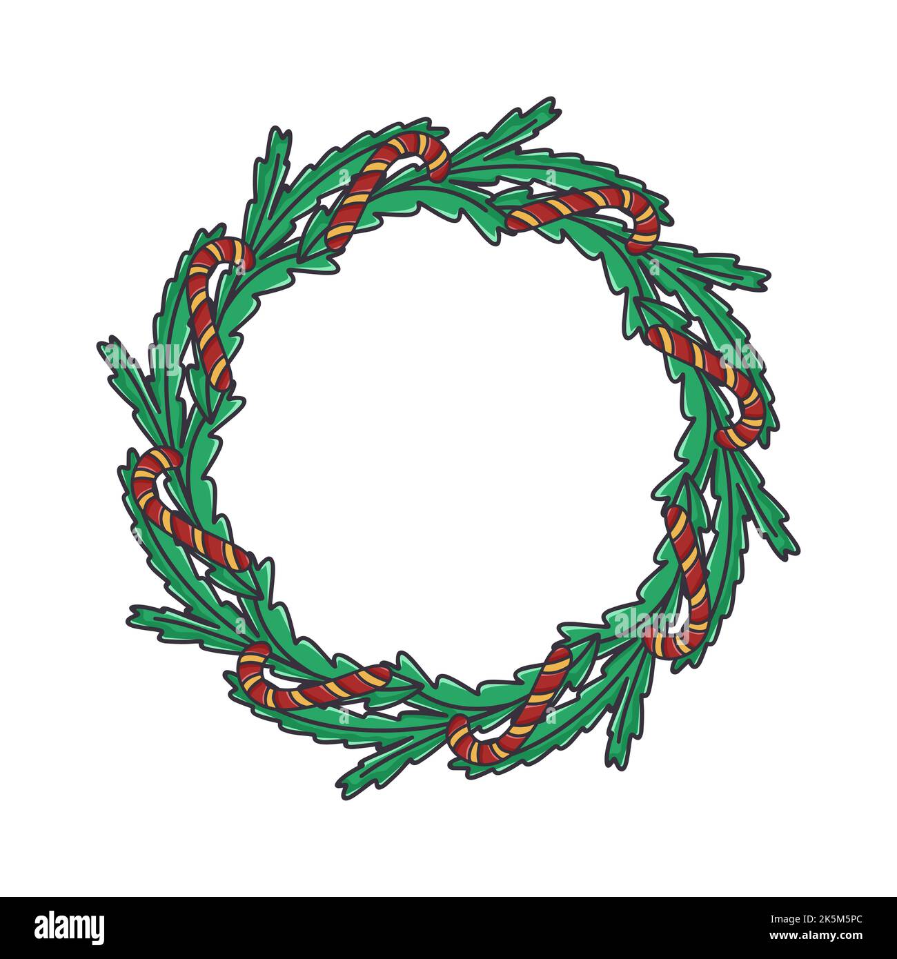 Weihnachtskranz aus Tannenzweigen mit Zuckerstöcken. Runde traditionelle Felge für das neue Jahr. Kreisförmiger botanischer Rahmen mit Süßigkeiten isoliert Vektor illustrati Stock Vektor