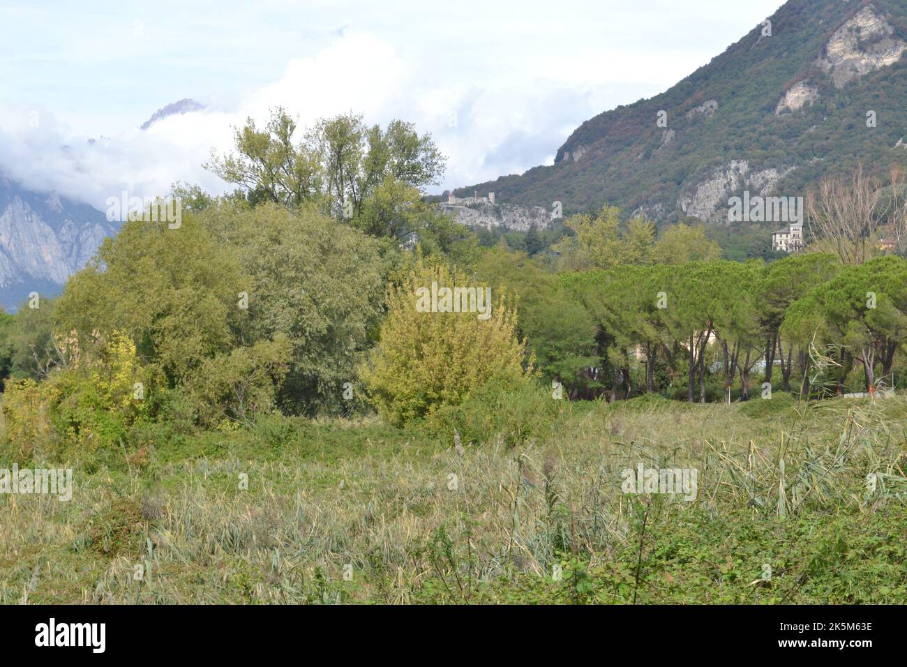 Schöne grüne Landschaft mit Panoramablick auf den Berghang und die alte Burg im Tal in der Nähe von Lecco und der Fluss Adda in der Lombardei. Stockfoto