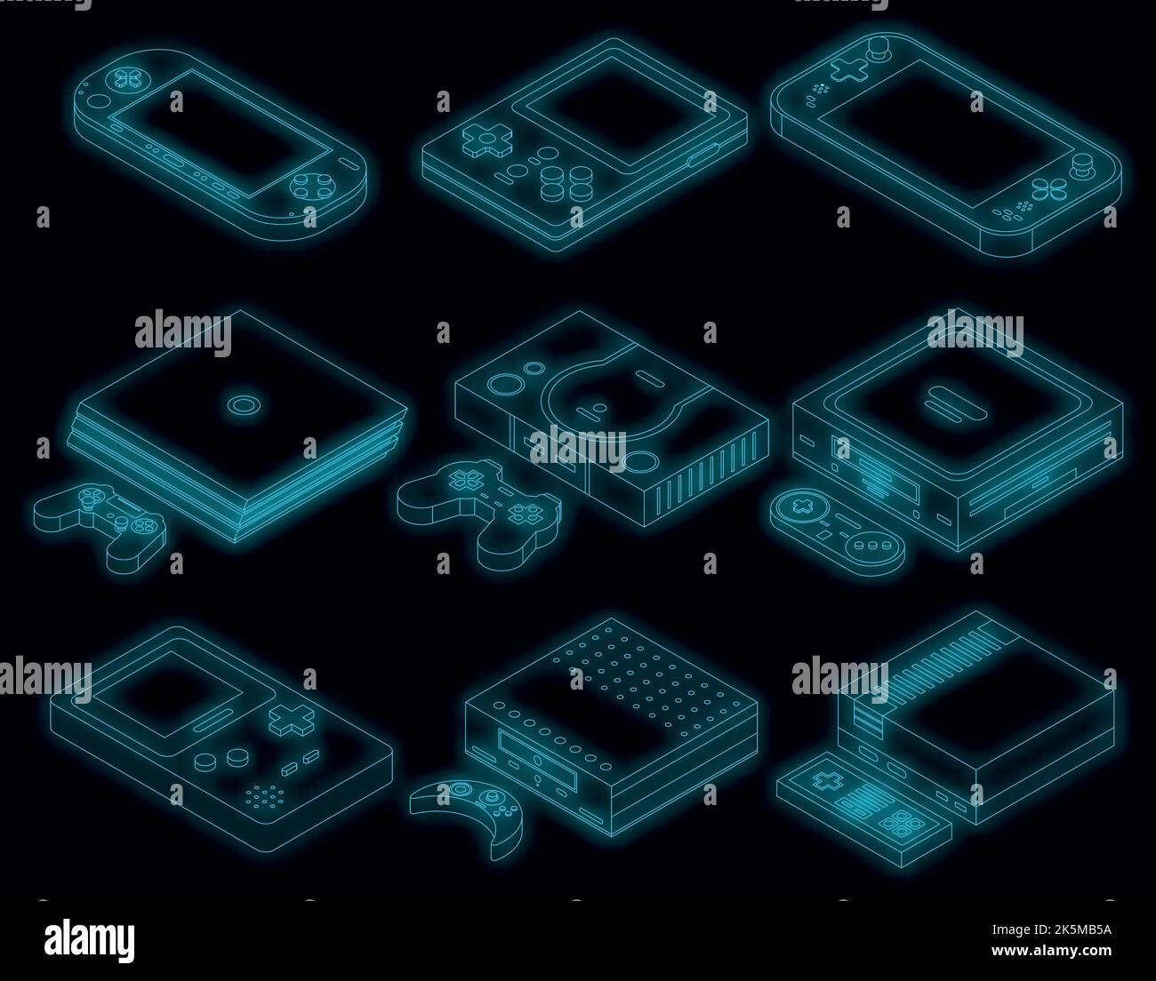 Konsolensymbole eingestellt. Isometrischer Satz von Konsolen-Vektorsymbolen in Neonfarbe auf Schwarz Stock Vektor