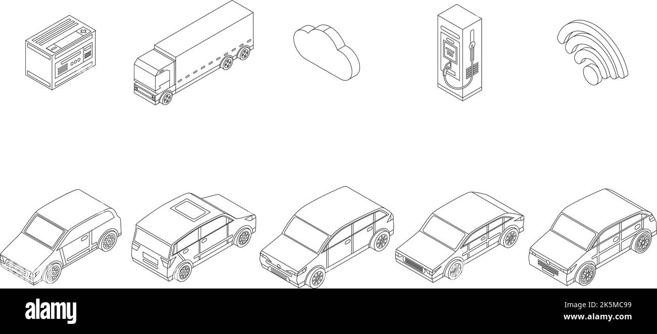 Hybrid-Symbole gesetzt. Isometrischer Satz von Hybrid-Vektor-Symbolen umreißt dünne lne isoliert auf Weiß Stock Vektor