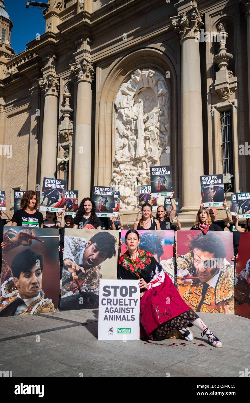 Protest gegen Stierkämpfe, die von AnimaNaturalis auf der Plaza del Pilar während der jährlichen Pilar Fiestas, Zaragoza, Spanien organisiert wurden Stockfoto