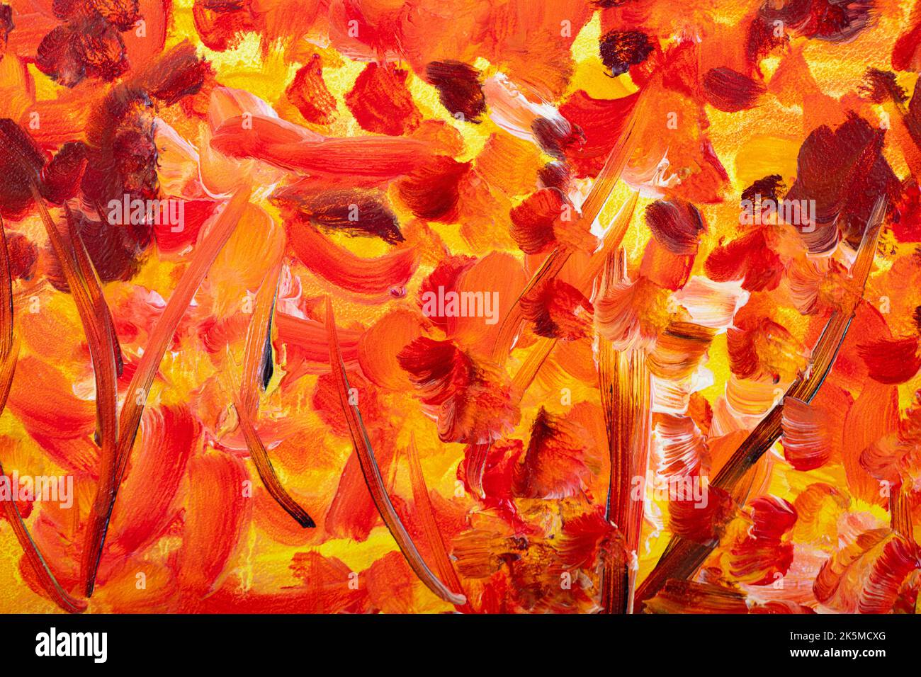 Rote, orange, gelbe helle Blätter. Herbstfarben, Lichter. Handgezogenes Ölgemälde. Wunderschöner, magischer Herbstpark. Zart, modern futuristisch, dynamisch Stockfoto