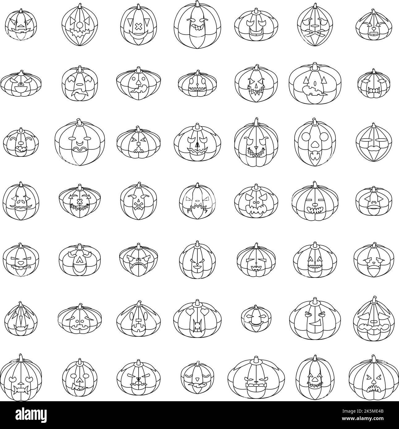 Kürbissymbole gesetzt. Isometrischer Satz von Kürbis-Vektor-Symbolen umreißt dünne lne isoliert auf Weiß Stock Vektor