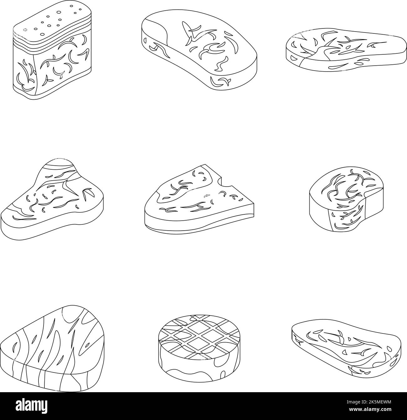 Steaks-Symbole. Isometrisches Set von Steak-Vektorsymbolen umreißt dünne lne-Symbole, die auf Weiß isoliert sind Stock Vektor