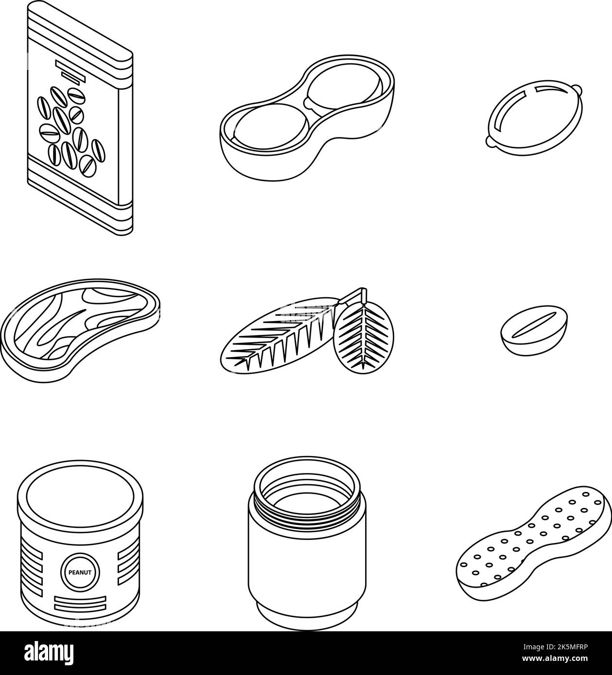 Erdnusssymbole eingestellt. Isometrischer Satz von Erdnussvektoren umreißt dünne lne isoliert auf Weiß Stock Vektor
