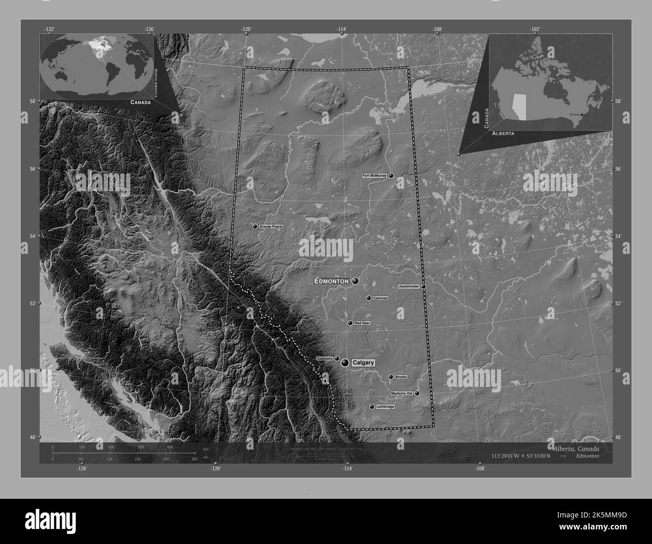 Alberta, Provinz Kanada. Bilevel-Höhenkarte mit Seen und Flüssen. Orte und Namen der wichtigsten Städte der Region. Zusätzliche Position der Ecke Stockfoto