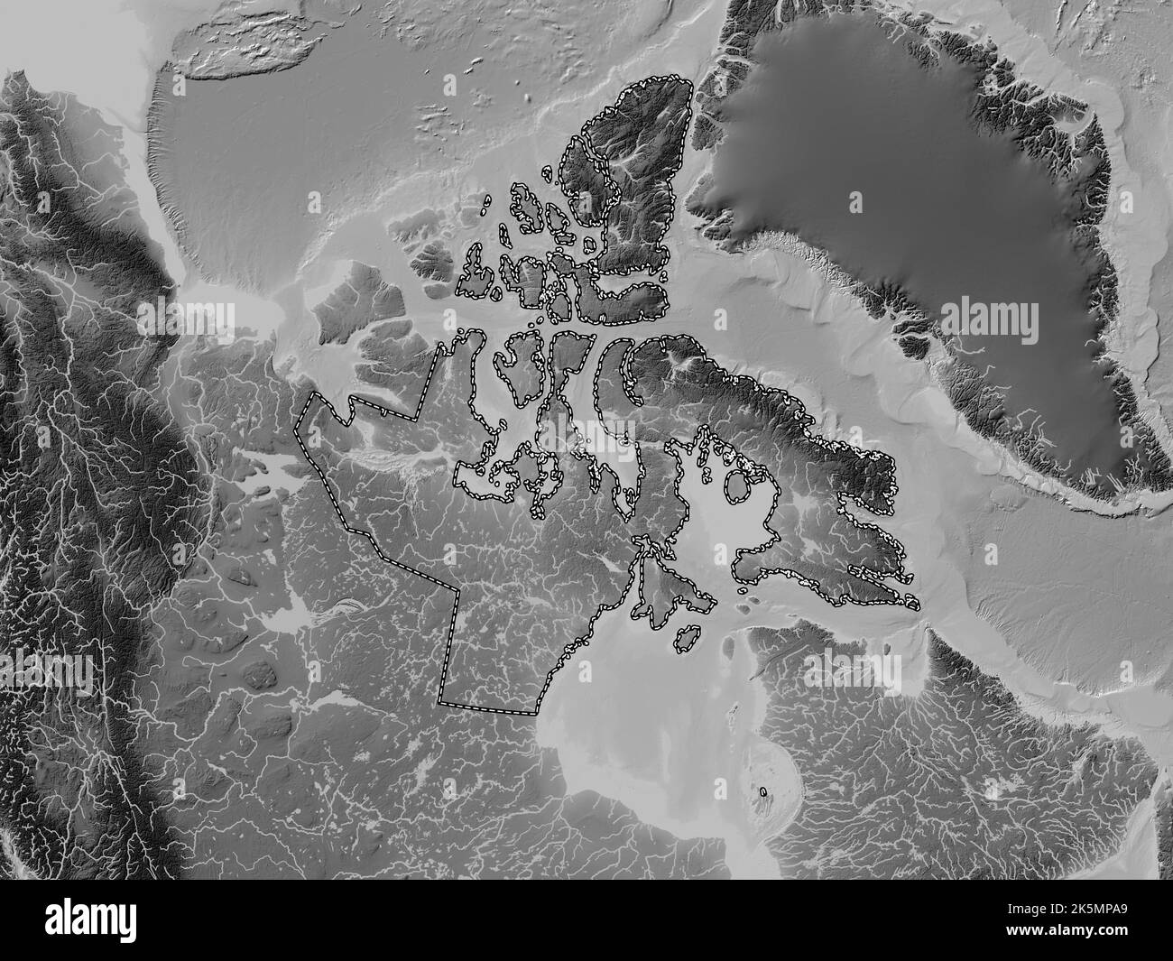 Nunavut, Territorium von Kanada. Höhenkarte in Graustufen mit Seen und Flüssen Stockfoto