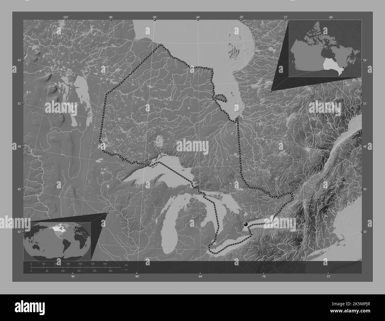Ontario, Provinz Kanada. Bilevel-Höhenkarte mit Seen und Flüssen. Karten für zusätzliche Eckposition Stockfoto