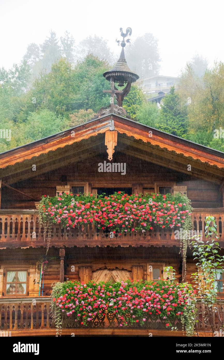 Blumen auf dem Balkon der Häuser in Österreich Stockfoto