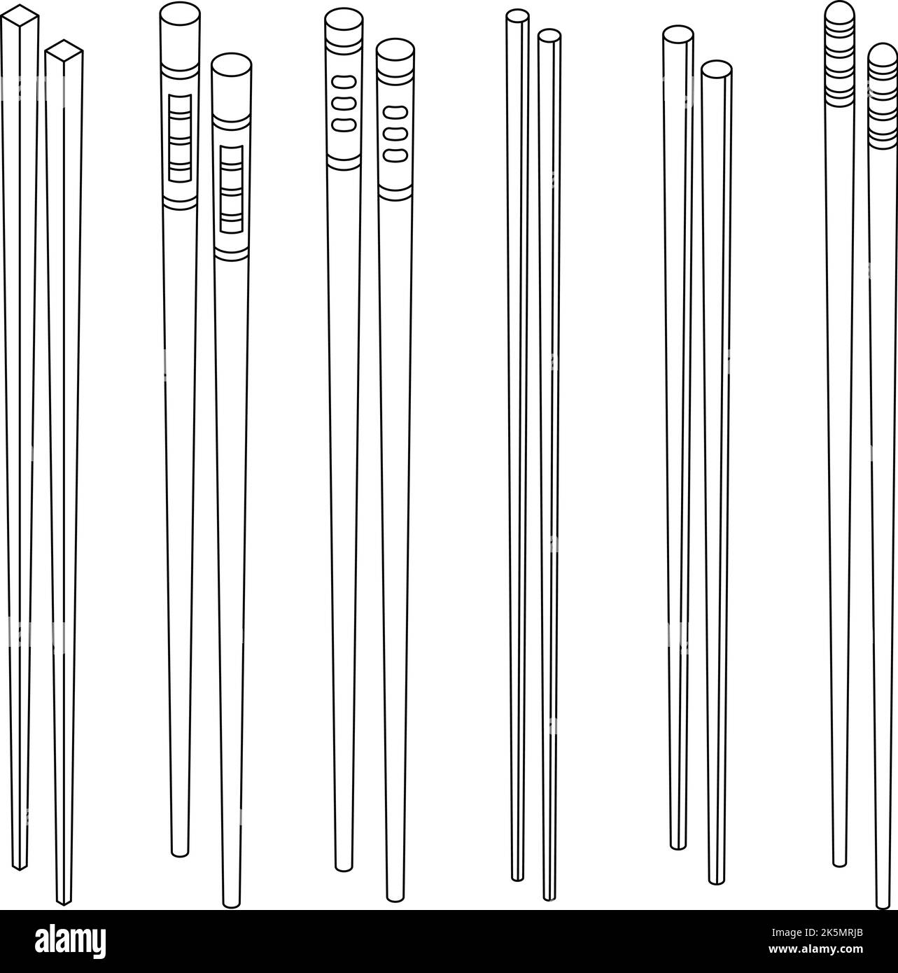 Symbole für Essstäbchen gesetzt. Isometrisches Set von Vektorsymbolen für Stäbchen umreißt dünne lne isoliert auf Weiß Stock Vektor
