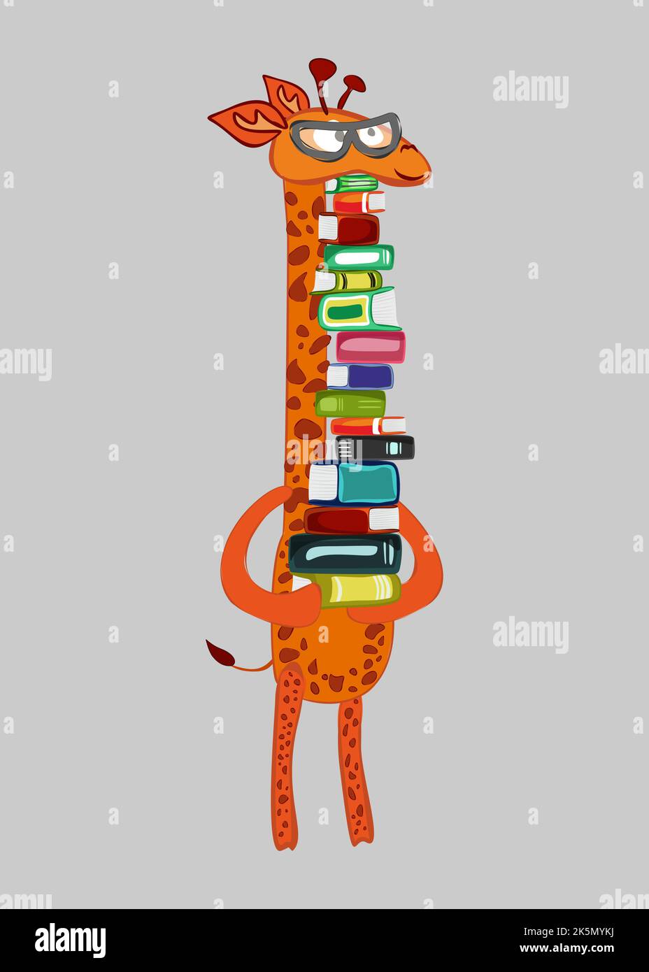 Vektor-Illustration einer Cartoon-Giraffe mit einem großen Stapel von Büchern Stock Vektor