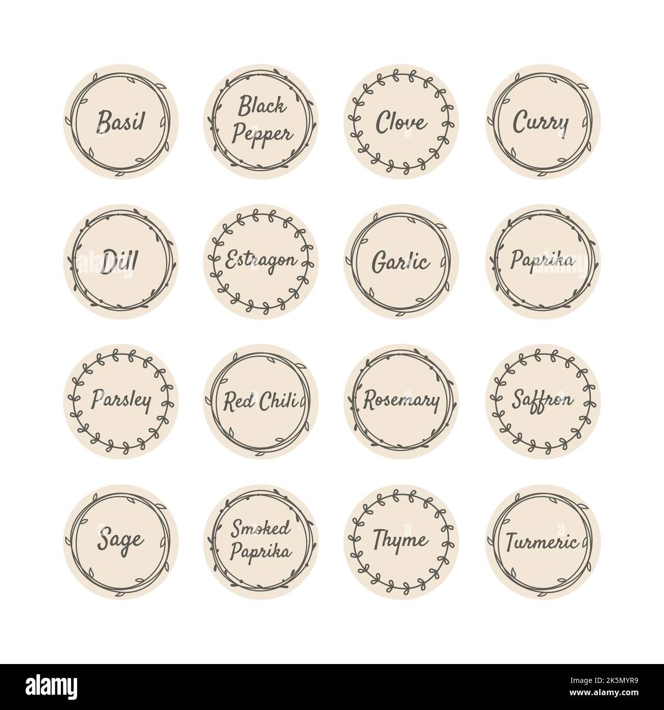 Vektor-Label-Set für Gewürze und Kräuter für Küchenbecher. Vintage-Sticker mit Gewürzellipse und Blumenkranz. Stock Vektor
