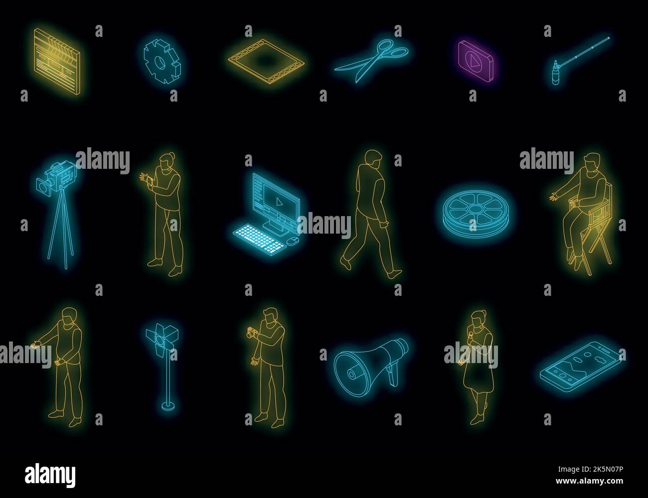 Clip Maker-Symbole eingestellt. Isometrischer Satz von Clip Maker Vektor-Symbole Neonfarbe auf schwarz Stock Vektor