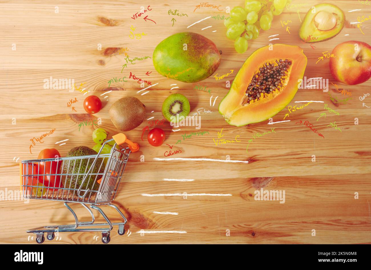 Einkaufswagen mit frischem Obst, fertig zum Anliefern Stockfoto
