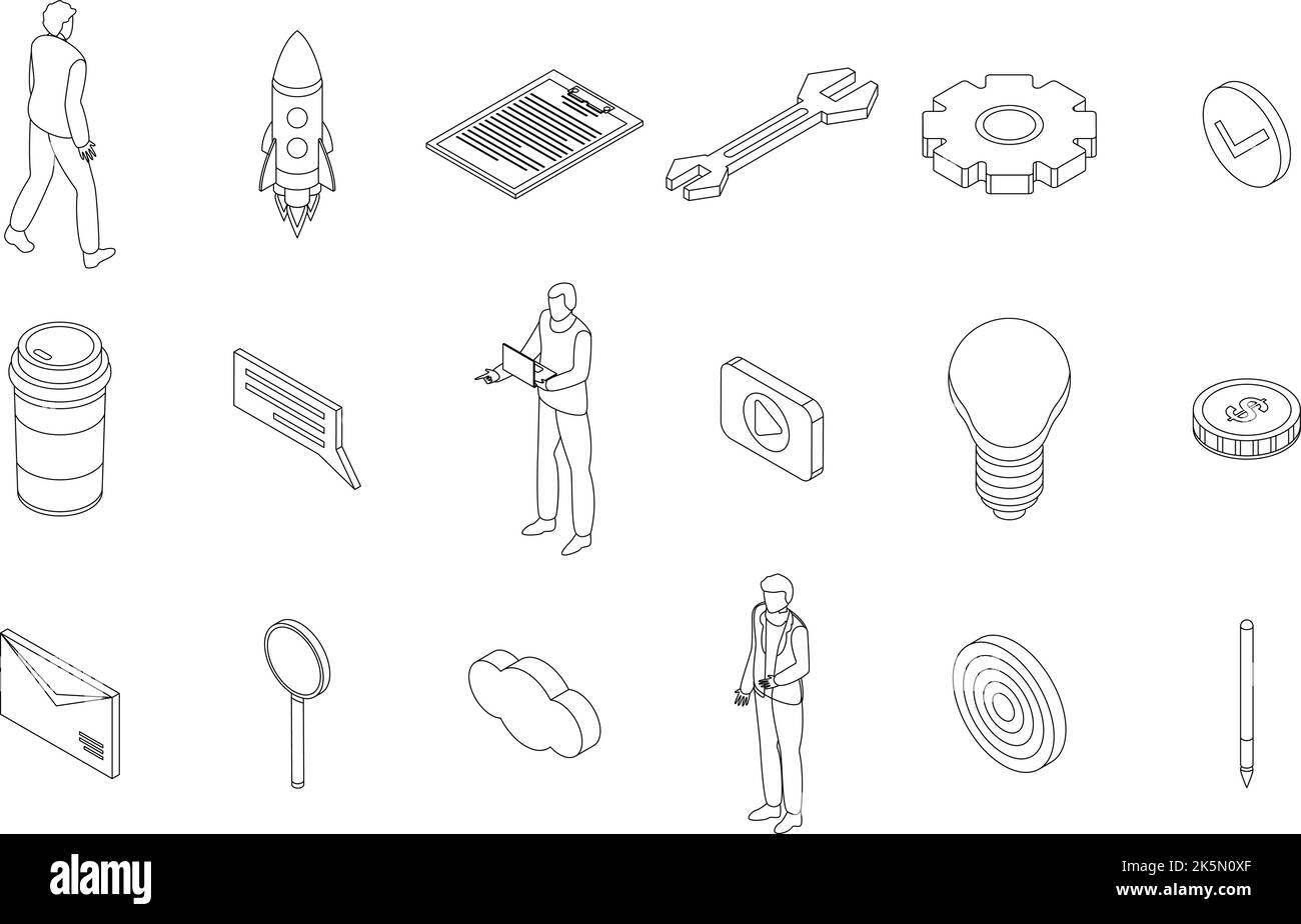 Symbole für Produktmanager festgelegt. Isometrischer Satz von Vektor-Symbolen für Produktmanager umreißt dünne lne-Symbole, die auf Weiß isoliert sind Stock Vektor