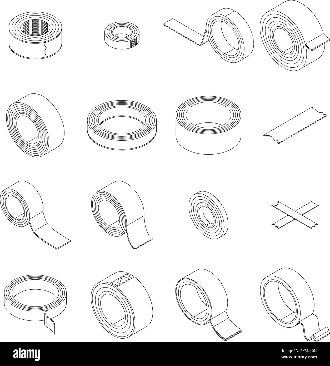 Set mit Scotch-Klebebandsymbolen. Isometrischer Satz von Vektorsymbolen für Scotch-Bänder umreißt dünne lne isoliert auf Weiß Stock Vektor