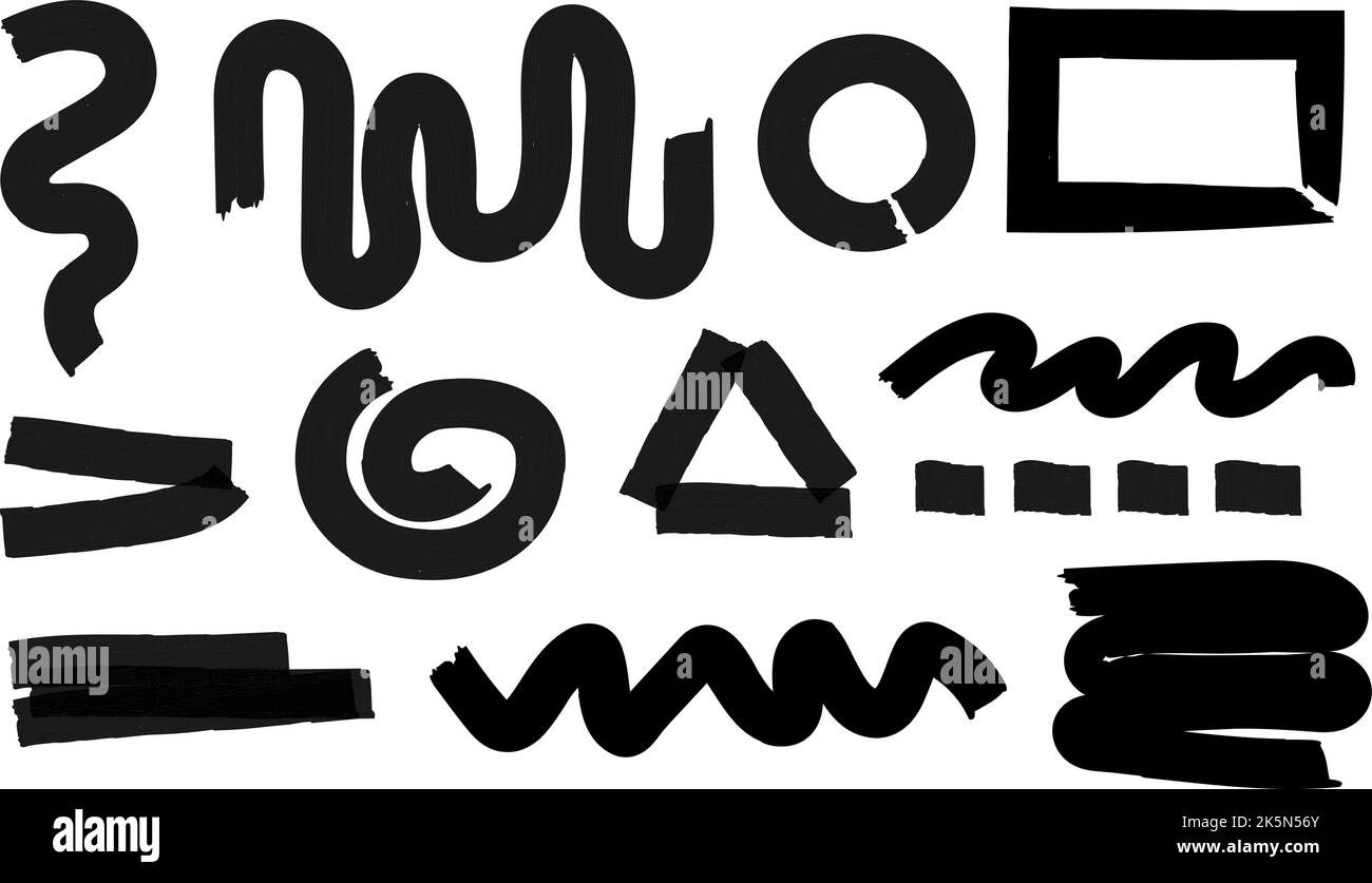 Schwarzer Grunge-Marker streicheln verschiedene Linien. Breite Stiftlinien, Rundungen und Rahmen. Von Hand gezeichnete, isolierte Hervorhebung unterstreicht, durchgestrichener Vektor Stock Vektor
