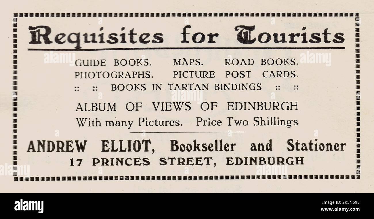 Vintage-Werbung für Andrew Elliot, Bookseller und Stationer, Edinburgh, Schottland, Großbritannien Stockfoto